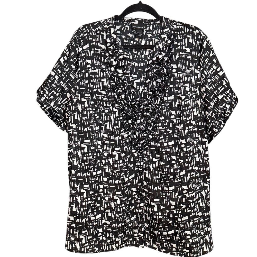 Lane Bryant 100% Polyester Black White Abstract Ruffle Neck Blouse Plus 26/28